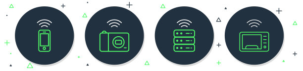 智能照片相机、服务器、无线智能手机和微波炉图标。矢量图。图片下载