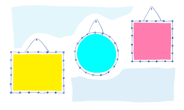 复古风格的照片框，涂鸦风格。框架套装。方形、圆形和矩形框架装饰有卷曲图案。图片下载