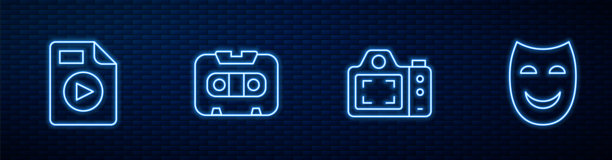 设置线条照片相机、AVI文件文档、复古音频磁带和喜剧戏剧面具。砖墙上的发光霓虹图标。矢量图。图片下载