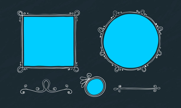 复古风格的照片框，涂鸦风格。框架套装。方形、圆形和矩形框架装饰有卷曲图案。图片下载