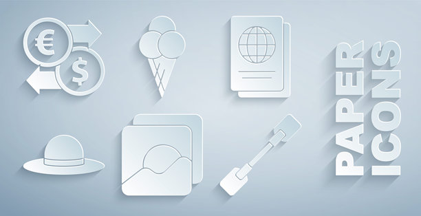 照片集，护照，优雅女性帽子，划桨，华夫筒冰淇淋和货币兑换图标。矢量图。图片下载