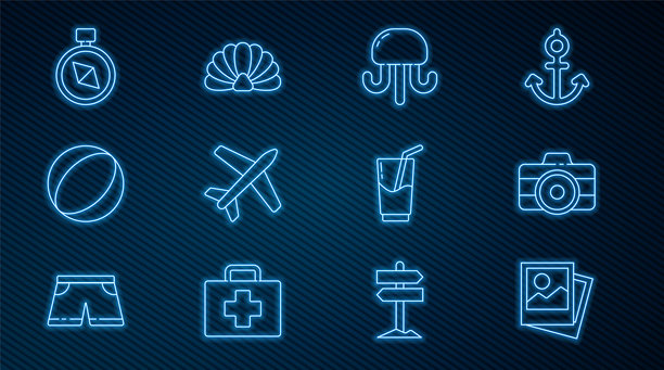 设置线条图标：照片、相机、水母、飞机、沙滩球、指南针、鸡尾酒和酒精饮料、扇贝海贝。矢量图。图片下载