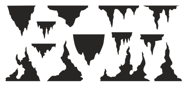 石笋的剪影。黑暗地下洞穴的卡通游戏素材，包含石头形成的地质背景元素。矢量钟乳石和石笋套件。图片下载