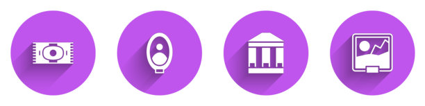 经典地毯，博物馆中的肖像画，博物馆建筑和带长阴影的图片图标。矢量图。图片下载