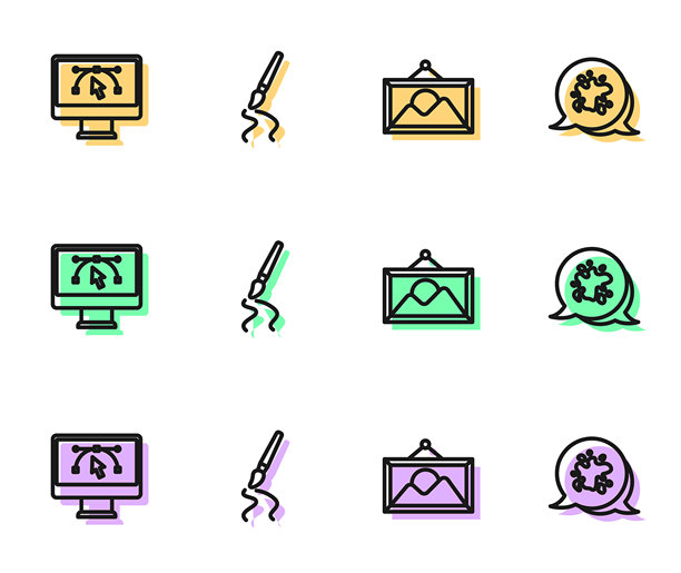 设置线条图片风景，带设计程序的电脑，画笔和喷雾图标。矢量图。图片下载