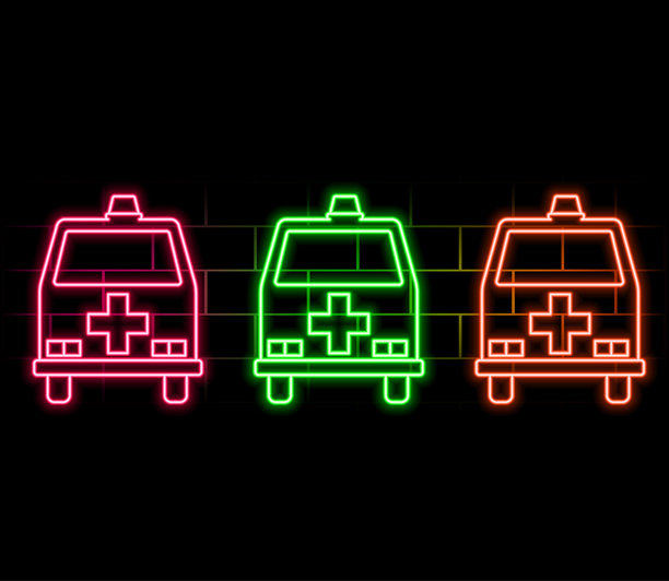 救护车的霓虹灯。明亮的广告救护车。现代标志矢量，横幅，标志，海报，救护车的图片。夜间霓虹标志。照亮的文字。矢量插图。图片下载