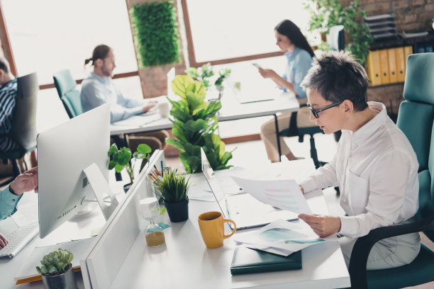 老年女老板与团队合作的照片，舒适宜人的创意初创办公室阁楼室内环境图片下载