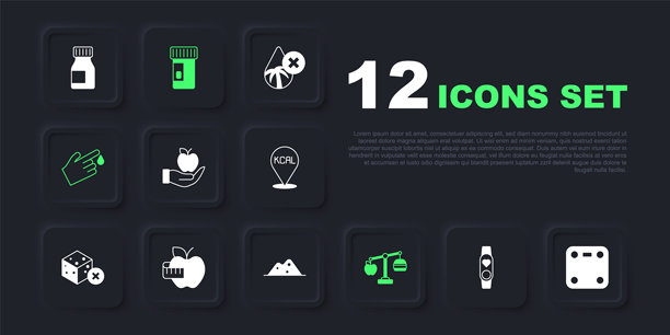 智能手表与心脏、浴室秤、苹果、卡路里计算器、指尖血液和卷尺、维生素和盐图标。矢量图。图片下载