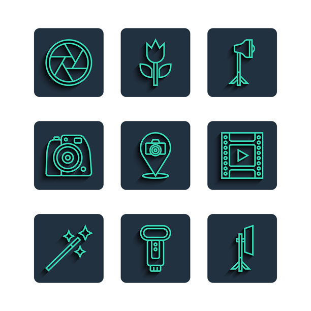 照片修饰，闪光灯，摄影棚灯泡软箱，相机快门和胶卷盒图标。矢量图。图片下载