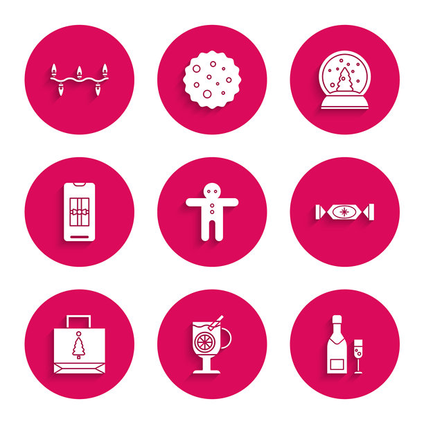 假日姜饼人饼干、热红酒与饮料杯、香槟瓶和香槟、糖果、圣诞纸购物袋、智能手机礼品盒、雪花球和灯光图标。矢量图。图片下载