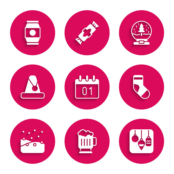 日历、木制啤酒杯、圣诞灯、圣诞袜、雪花、圣诞老人帽、雪球和啤酒罐图标。矢量图。图片下载