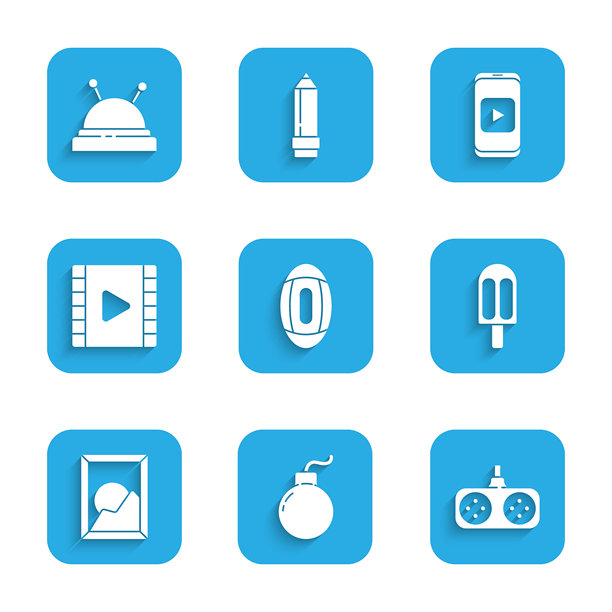 美式足球、即将爆炸的炸弹、游戏手柄、冰淇淋、风景图片、播放视频、在线播放视频和针床针的图标。矢量图。图片下载