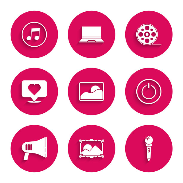 设置图片：风景、麦克风、电源按钮、扩音器、点赞心形、胶卷和音符、音调图标。矢量图。图片下载