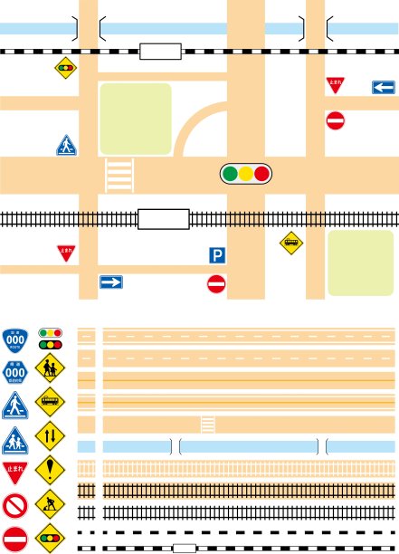 一套可以用于学习交通规则、制作地图等的轨道、道路和标志 / 插图素材（矢量插图）图片下载