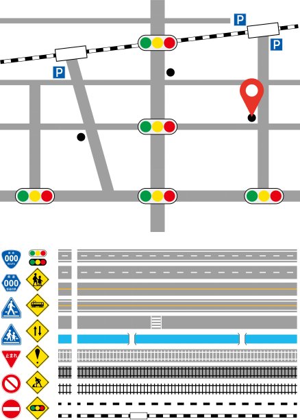 一套可以用来学习交通规则、制作地图等的轨道、道路和标志 / 插图素材（矢量插图）图片下载