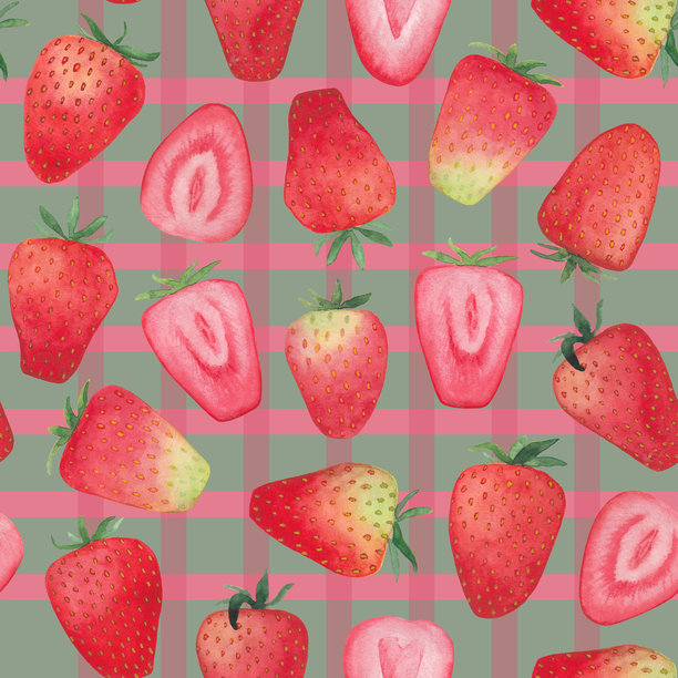 手绘水彩草莓无缝图案。粉色和绿色背景上带有笼子的无缝水彩草莓图案。图片下载