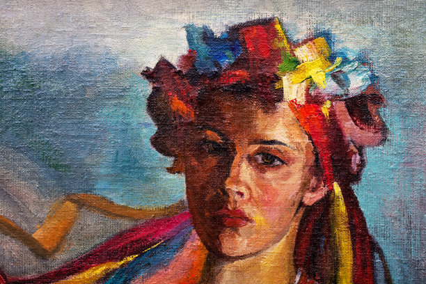 时尚的插画现代艺术寓言象征我原来的象征油画在画布上幻想水平肖像年轻美丽温柔浪漫的女人在风中飘扬在乌克兰民族的衣服和婚礼头饰w图片下载