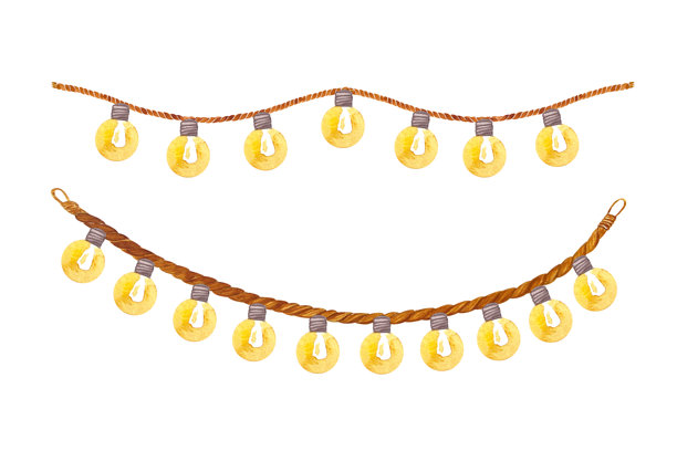 户外串灯，麻绳拉伸悬挂，孤立在白色背景上。手绘水彩。用于生态设计、包装、标签、室内装饰、卡片、海报的天然高质量绳子。图片下载