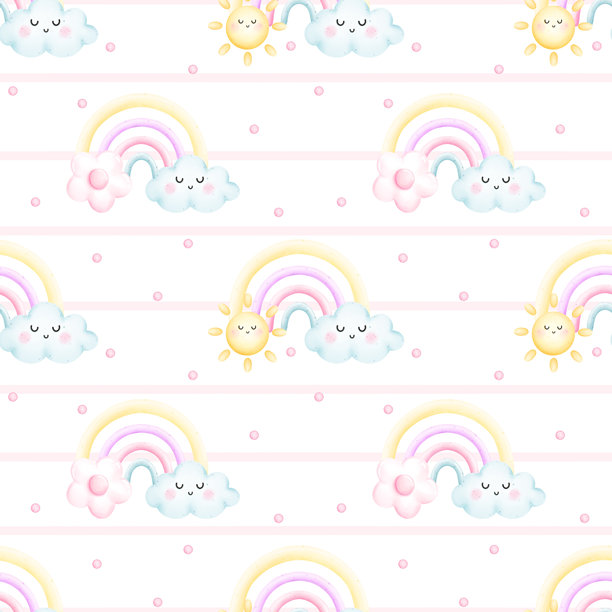 无缝的儿童图案，手绘彩虹和太阳。适合用于包装纸、贺卡、墙纸、礼品标签、婴儿房装饰、宝宝洗礼、包装纸和剪贴簿。图片下载