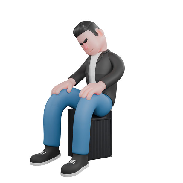 3D插画音乐家角色。一位男性音乐家坐着，头向右倾斜，双手放在大腿上，正在沉睡。歌唱天赋。图片下载