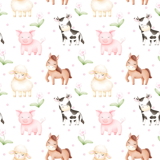 农场动物无缝图案。可爱的卡通家畜，牛、羊、马和牲畜。适合用于包装纸、贺卡、墙纸、婴儿房装饰、包装纸和剪贴簿。图片下载