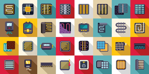 温暖地板图标集平面矢量。热能图片下载