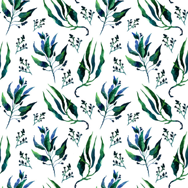 无缝图案，带有风格化的水彩叶子。充满绿色和蓝色叶子的花卉无尽图案。水彩手绘插图，背景为白色。非常适合壁纸和纺织品印刷。图片下载