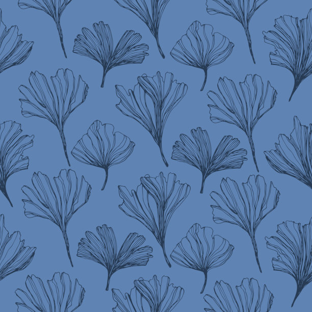 自由手绘的明亮蓝色银杏树叶。生动的青色无缝图案，适用于包装设计、壁纸和纺织品。装饰性的花卉 ornamental 背景。图片下载