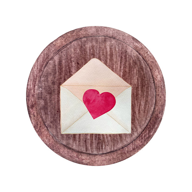 一个带有红色心形图案的打开信封，放在木质托盘上，水彩框架，背景为白色。手绘艺术。简单风格插图，适用于文具设计、情人节卡片、海报、包装装饰和设计。图片下载