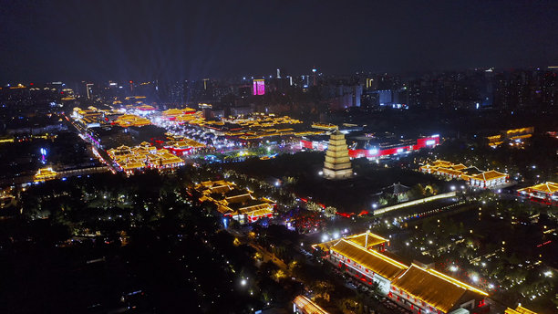 大雁塔、唐大悦城的航拍照片，西安，陕西，中国，亚洲。图片下载