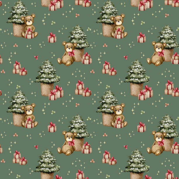 无缝圣诞图案，背景为绿色，包含可爱的泰迪熊和圣诞树。圣诞节、新年、节日。手绘水彩装饰。适用于壁纸、贺卡、包装纸的设计。图片下载