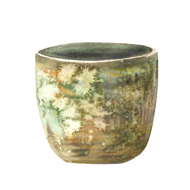 乡村风格的陶瓷花盆。手绘插图，绿色和棕色的水彩陶土花盆，适合家庭植物，背景透明。图片下载