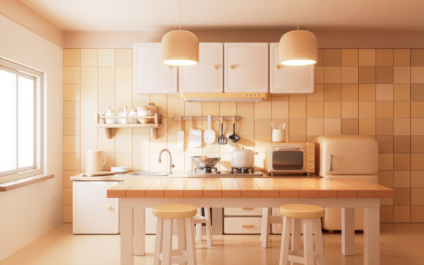 厨房房间里的卡通风格餐桌，3D渲染。图片下载