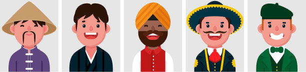 不同国籍男性的平面肖像集。彩色卡通人物男性的集合，侧面头像，包括中国人、印度人、日本人、爱尔兰人、墨西哥人，矢量插图。图片下载