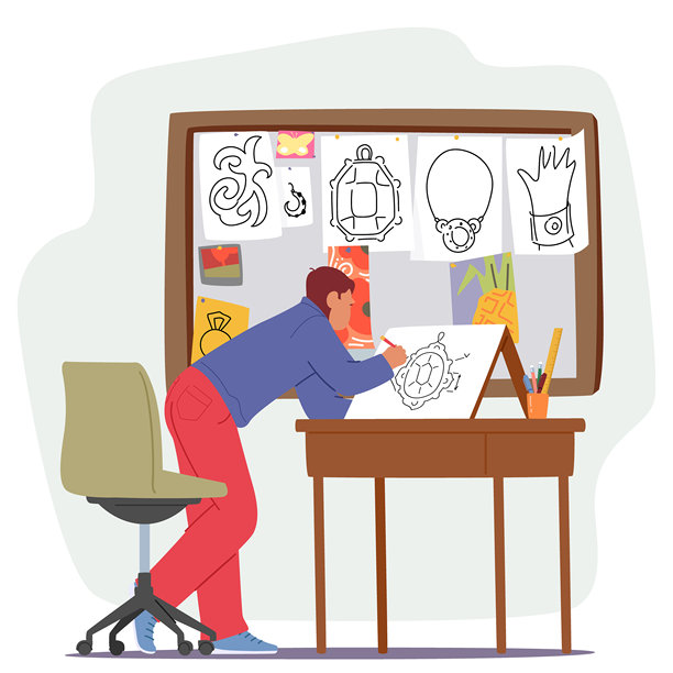 年轻的珠宝设计师在工作室里为手工珠宝绘制蓝图，画在画布上。图片下载