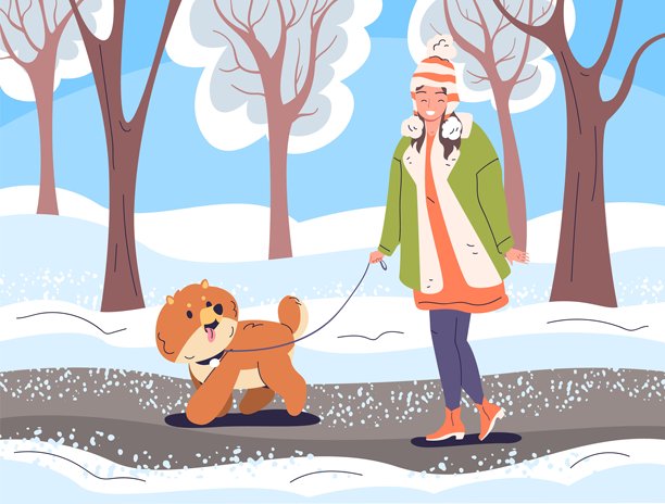 冬季与狗散步。女人在寒冷的城市雪地公园里与小狗散步，女孩穿着温暖的衣服、手套、外套和帽子，在寒冷的街道上，宠物主人，优雅的矢量插图。图片下载