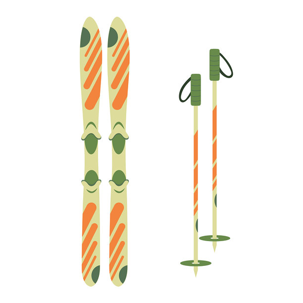 黄色、橙色和绿色的滑雪板和滑雪杖，孤立在白色背景上。手绘矢量插图，采用平面风格。冬季山地运动装备。网页图标、贴纸设计、绘图。图片下载