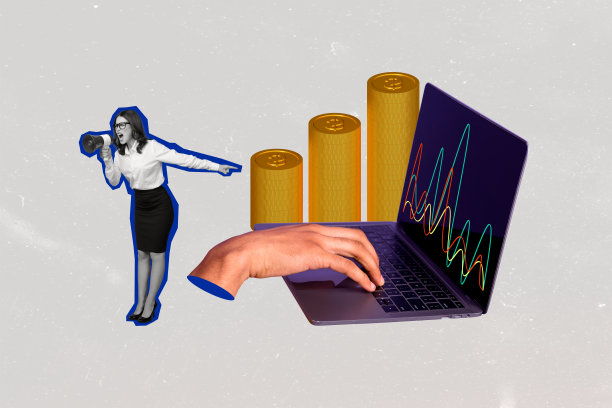 创意合成照片概念拼贴，愤怒的女孩用扩音器对着笔记本电脑中的图表大喊，背景为手绘风格。图片下载