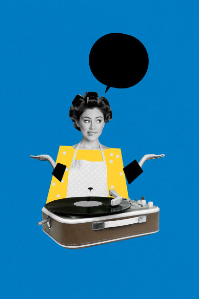 快乐的女佣女孩穿着卷发器和围裙，手持DJ控制器和黑胶唱片，派对气泡，竖版照片拼贴，背景为涂鸦风格。图片下载