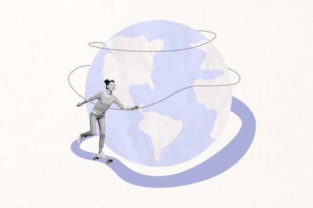 快乐的嬉皮女孩骑着滑板，旅游地球，搬迁放松，独自置身于涂鸦背景的拼贴照片。图片下载