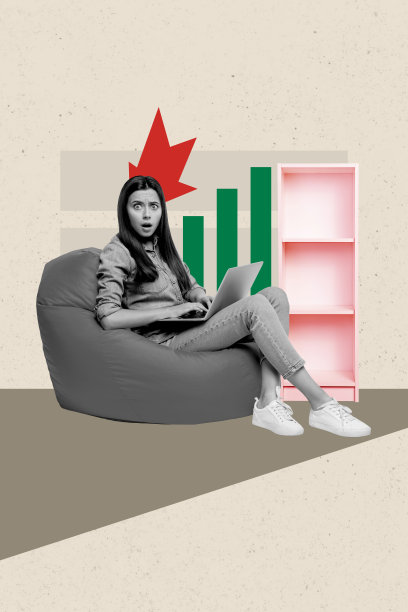 惊讶的女商人自由职业者坐在豆袋椅上，使用笔记本电脑查看开发图表，背景为涂漆墙面，呈现竖版照片拼贴。图片下载