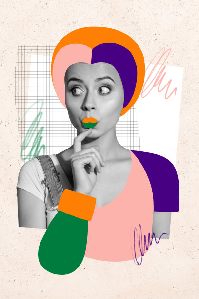 惊讶女孩手持多彩发蜡假发发型的垂直照片拼贴，背景为涂鸦风格的画面，展现了美容沙龙的疗愈氛围。图片下载