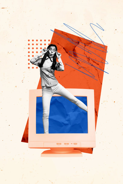 年轻女士的合成趋势艺术作品草图，照片拼贴，电脑显示器前面困惑的表情符号，盯着学生的搞笑场景图片下载