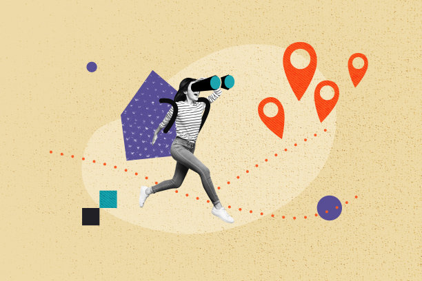 快乐女孩难民的合成照片拼贴，跑步路线GPS路径地理位置，背着家用背包的冒险，孤立在涂鸦背景上。图片下载