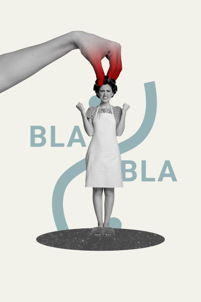 愤怒女佣的竖版照片拼贴，展示了握拳、交流、抱怨、烦恼和愤怒的手指，背景为涂鸦风格。图片下载