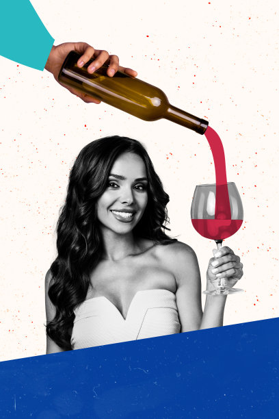 快乐的魅力女孩在酒吧放松，手持香槟酒瓶和酒杯的竖版照片拼贴，背景为涂鸦风格。图片下载