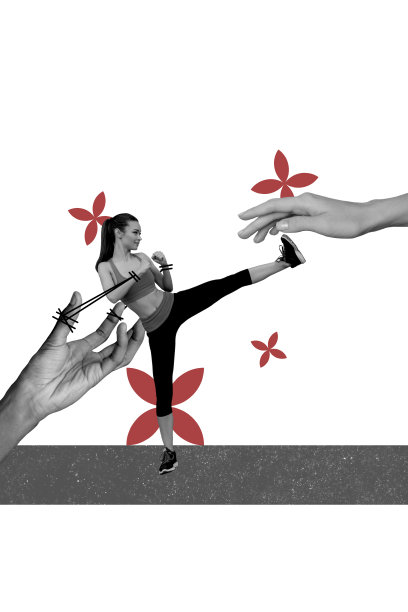 垂直照片拼贴，手操控运动女孩跆拳道踢击木偶，控制拳击战斗，背景为涂鸦风格。图片下载