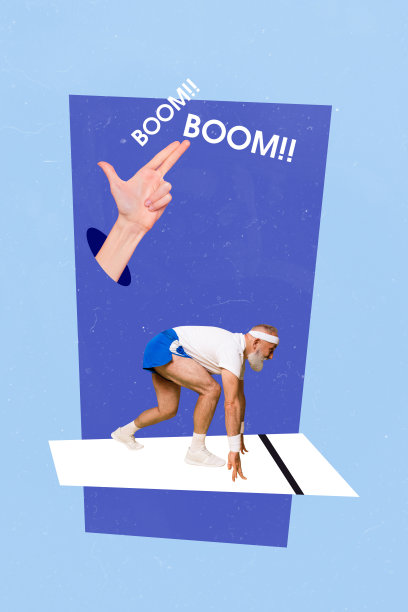 严肃的老年人准备开始跑步，手持手枪，进行马拉松运动的垂直照片拼贴，背景为涂鸦风格。图片下载