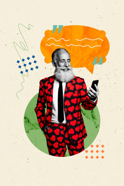 快乐的老年退休男士穿着西装，手持手机通知气泡，背景为涂鸦风格的垂直照片拼贴。图片下载