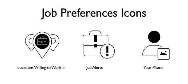 工作偏好图标：包含的图标：愿意工作的地点、职位提醒、您的照片图片下载
